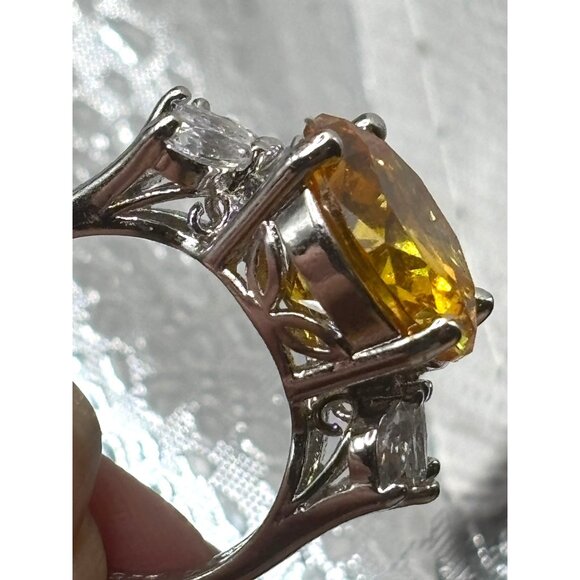 Citrine Ring 14mm Cubic Zirconia & Accent Stones Silver-Tone Band Exquisite - Picture 4 of 12
